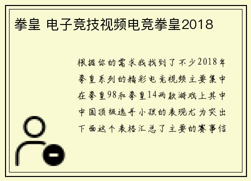 拳皇 电子竞技视频电竞拳皇2018