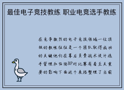 最佳电子竞技教练 职业电竞选手教练